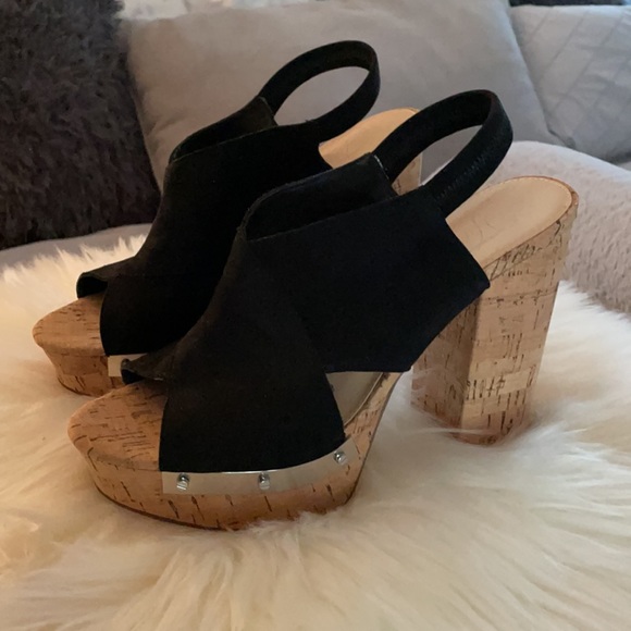 Black suede Fergie cork wedge heels, wore once. - Picture 2 of 4